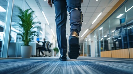 Obraz premium Man with Prosthetic Leg Walking in a Busy Office Hallway