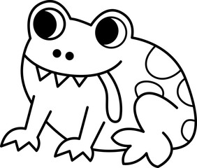 Vector black and white cartoon frog with stuck out tongue. Funny woodland swamp animal coloring page. Cute forest illustration for kids isolated on white background. Sitting toad line icon