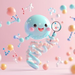 Cute Cartoon Character Holding Magnifying Glass Over DNA Structure.