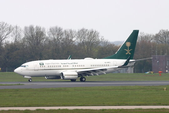 HZ-MF2, Saudi Ministry of Finance and Economy, Boeing 737-700 BBJ, arriving at London Stansted Airport, Essex, UK on 22 August 2023