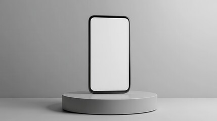 Smartphone Mockup on White Cylinder Pedestal - Minimalist Product Presentation