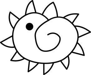 Vector black and white cartoon prehistoric seashell or mollusk icon with teeth. Cute dinosaur era ammonite line illustration for kids. Funny ancient marine animal clipart or coloring page