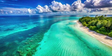 Obraz premium Aerial view of crystal-clear ocean water showcases stunning turquoise hues and pristine sandy beaches, captured beautifully through breathtaking drone photography. Nature's serene beauty on display.