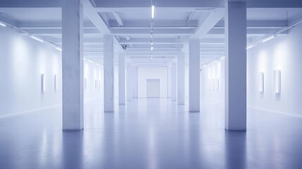 A spacious gallery with bright white walls and polished floor creating a calm atmosphere for art displays and exhibitions.