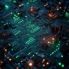 Obraz premium Close-Up of a Circuit Board with Glowing Green and Orange LEDs - Technology Background