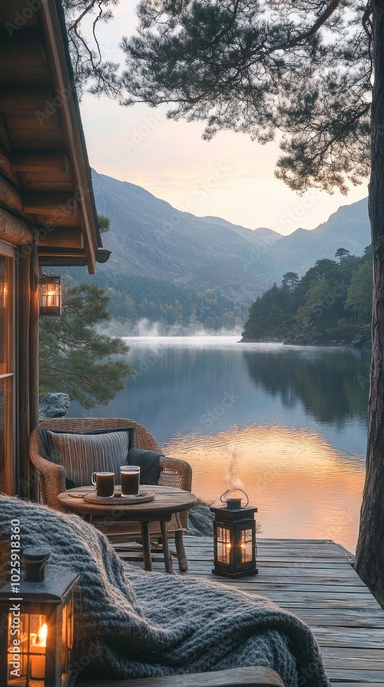 Poster a cabin with a view of a lake and mountains