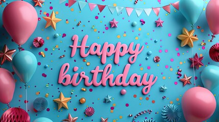 "Happy birthday" text vector design. Birthday balloons, pennant and confetti party decoration for kids celebration event background. Generative Ai 