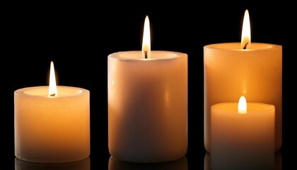 Set of pillar candles with flames illuminated, religious background, copy space, calm, meditation background.