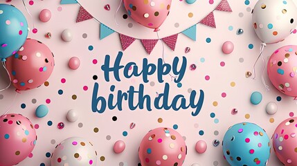 "Happy birthday" text vector design. Birthday balloons, pennant and confetti party decoration for kids celebration event background. Generative Ai 
