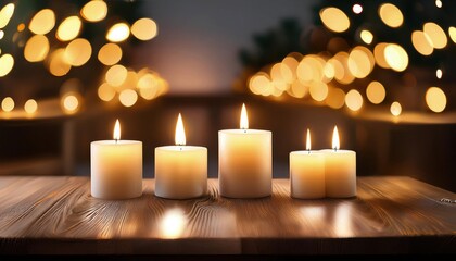 Set of pillar candles with flames illuminated, religious background, copy space, calm, meditation background.