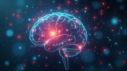 Obraz premium Abstract Depiction of Health Intelligence with a Glowing Brain Surrounded by Holographic Medical Data and Icons