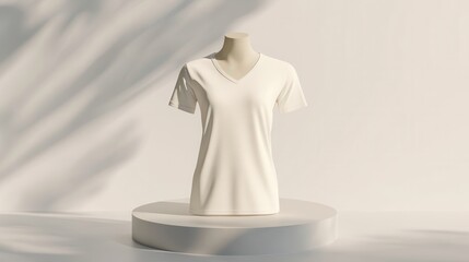 White V-Neck T-Shirt Mockup on a White Pedestal with Soft Shadows