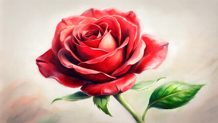 Fototapeta premium Beautiful red rose flower in artistic style on light background with copy space
