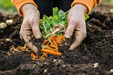 Hands nurturing compost in a garden