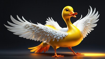 Obraz premium A whimsical, stylized yellow duck with wings spread, showcasing a playful design.
