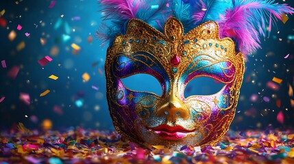 Dazzling carnival mask in vivid multicolors resting on a festive banner with swirling confetti and colorful patterns providing ample space on the bottom for text creating a lively yet clean design