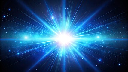 A radiant burst illuminates the horizon, accompanied by shimmering particles and a striking blue beam, creating a captivating minimalist space illustration.