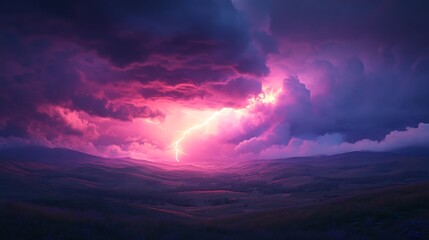 Obraz premium A stormy scene with a massive cloud-to-ground lightning bolt illuminating a hilly landscape, the light casting eerie shadows and highlights on the rolling hills.