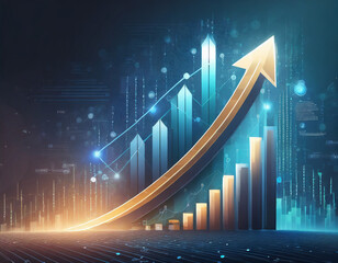 Growth chart displaying financial progress with upward arrows and digital elements in a modern design