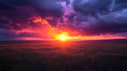 Fototapeta premium A stormy sunset over a vast open landscape, with dark clouds covering part of the sky and the setting sun casting a warm orange glow across the horizon.