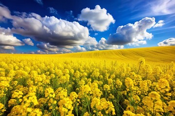 Fototapeta premium Blooming Rapeseed Field on a Hill Under a Blue Sky with Clouds - Nature Photography