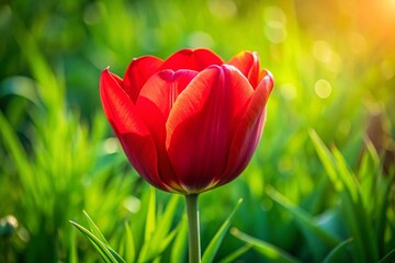 Naklejka premium Blooming Red Tulip Flower in Low Light Photography on Lush Green Grass Background