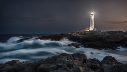 A lighthouse on a rocky island shines its bright beam on a clear, starry night.