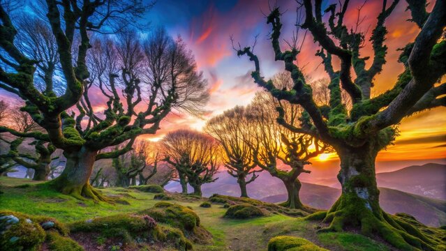 As dusk descends, Otzarreta Forest reveals its enchanting silhouettes amid Gorbea Natural Park, where majestic trees and soft shadows create a magical, serene atmosphere.