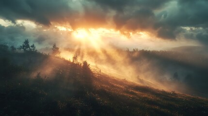 A stunning landscape scene where sunlight breaks through a dark stormy sky, with bright rays shining onto a rain-drenched hillside. The mist rising from the wet ground is backlit by the sun,