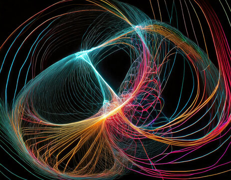 Colorful abstract light trails creating dynamic patterns on a dark background in a digital artwork