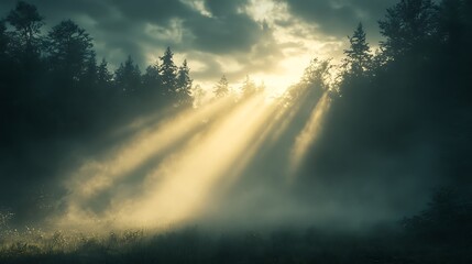 A stunning landscape scene where sunlight breaks through a dark stormy sky, with bright rays shining onto a rain-drenched hillside. The mist rising from the wet ground is backlit by the sun,