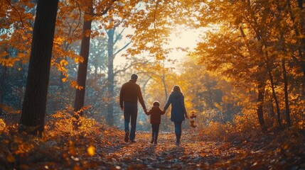 Family Strolling in Autumn Forest, Holding Hands Together Under Warm Sunlight