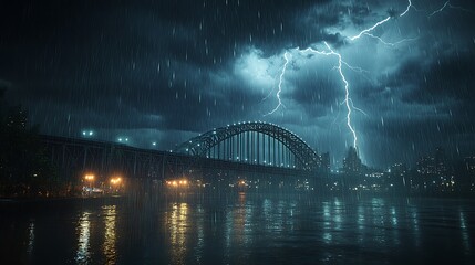 Naklejka premium A thunderstorm over a large bridge, with heavy rain pouring down and lightning bolts striking near the structure. The bridge’s steel beams are illuminated by the flashes,