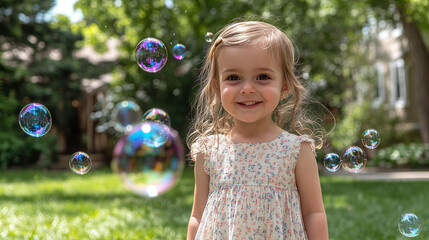Happy girl playing with soap bubbles in yard on sunny day