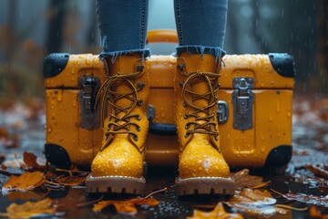 Woman s legs in bright yellow boots standing next to a yellow suitcase amidst autumn leaves