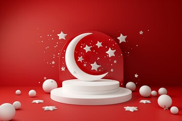 A captivating product display featuring a crescent moon and stars on a vibrant red background, perfect for showcasing creative designs or playful concepts.