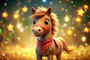 Brown Cartoon Horse in Red Bandana - Watercolor Illustration with Tilt-Shift Photography Effect