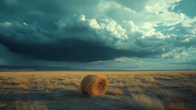 A thunderstorm rolling over a wide plain, with a tumbleweed being carried by the wind across the dry ground. The sky is filled with dramatic cloud formations, casting dark shadows over the landscape.