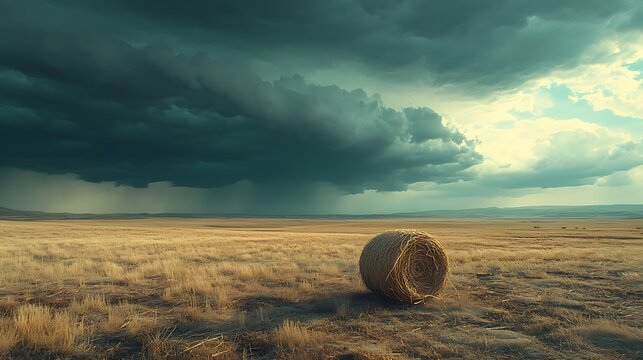 A thunderstorm rolling over a wide plain, with a tumbleweed being carried by the wind across the dry ground. The sky is filled with dramatic cloud formations, casting dark shadows over the landscape.