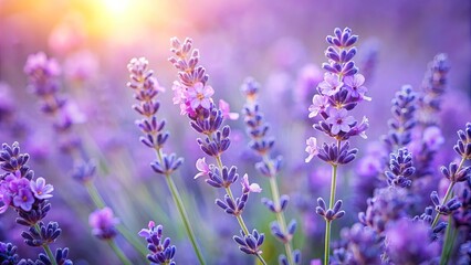 Fototapeta premium Purple Lavender Blossoms Bathed in Golden Sunlight, a Soft Blur of Color and Delicate Petals