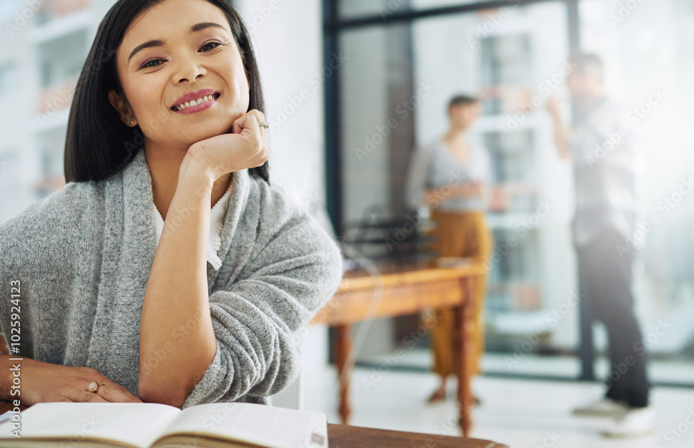 Sticker Happy, notebook and portrait of Asian woman in office with confidence and positive attitude for creative career. Smile, pride and female art director planning gallery curation by desk in workplace.