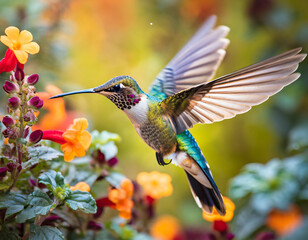Obraz premium Colorful hummingbird hovering near vibrant flowers in a sunny garden during springtime