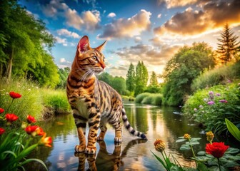Obraz premium Captivating Bengal Cat in a Serene Natural Landscape for Stunning Wildlife Photography