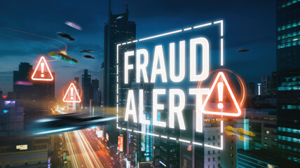 Fraud alert neon sign in futuristic cityscape with flying vehicles