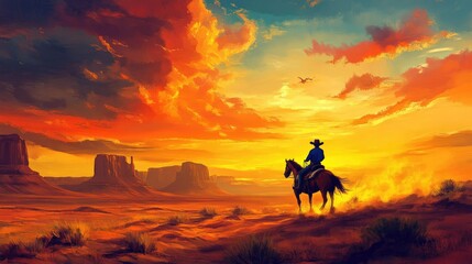 Fototapeta premium Western-themed painting of a cowboy riding at sunset, vast desert landscape, and ample copy space in the sky.