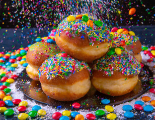 Colorful sprinkles fall on freshly made donuts surrounded by candy on a festive table