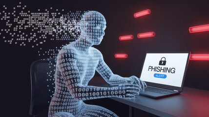 Digital human figure, binary code, phishing alert, cybersecurity