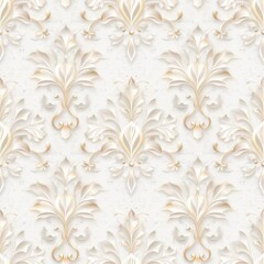 An elegant, embossed wallpaper design featuring intricate floral patterns in soft cream and beige tones.