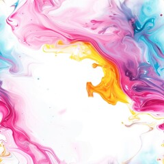 Fototapeta premium A vibrant abstract swirl of pink, blue, and yellow hues blending together against a white background, creating a dynamic and colorful visual.