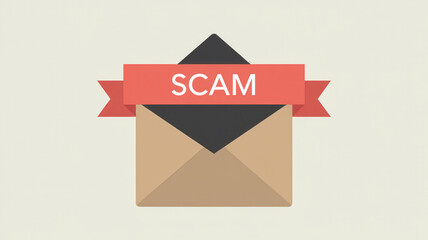 Scam alert icon featuring flat envelope design with bold red banner